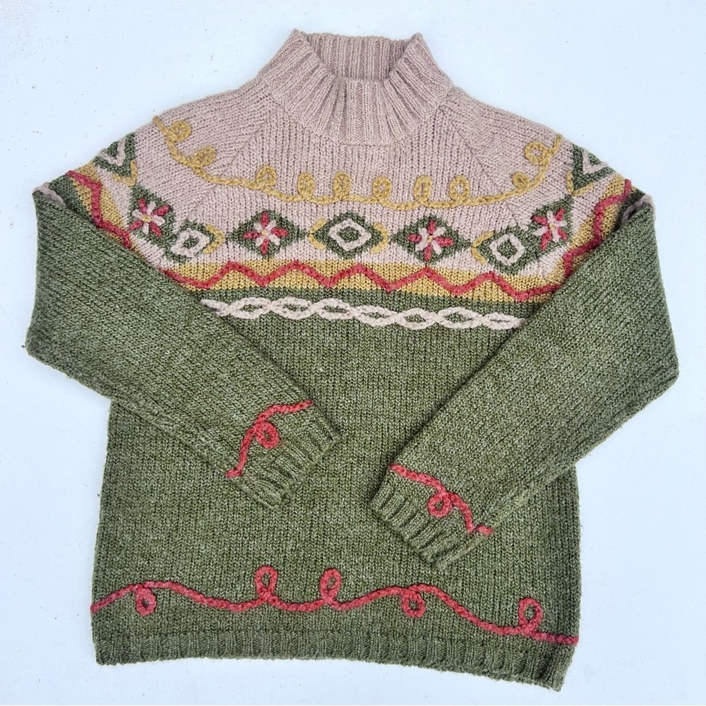 In Knit green embroidered cowl neck sweater